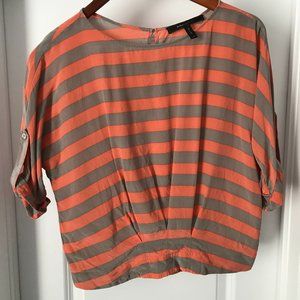 BCBGMaxAzria Orange and Grey Striped Silk Top 3/4 Sleeve (XS)